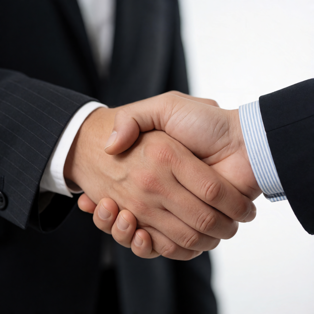 Two people shaking hands in a professional setting, all fing