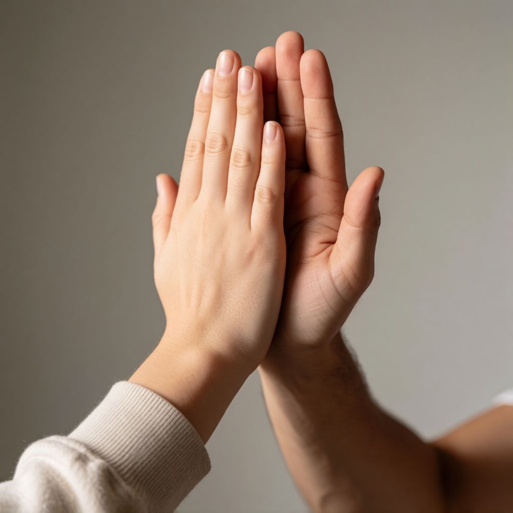 Two people doing a high-five, palms meeting with all fingers