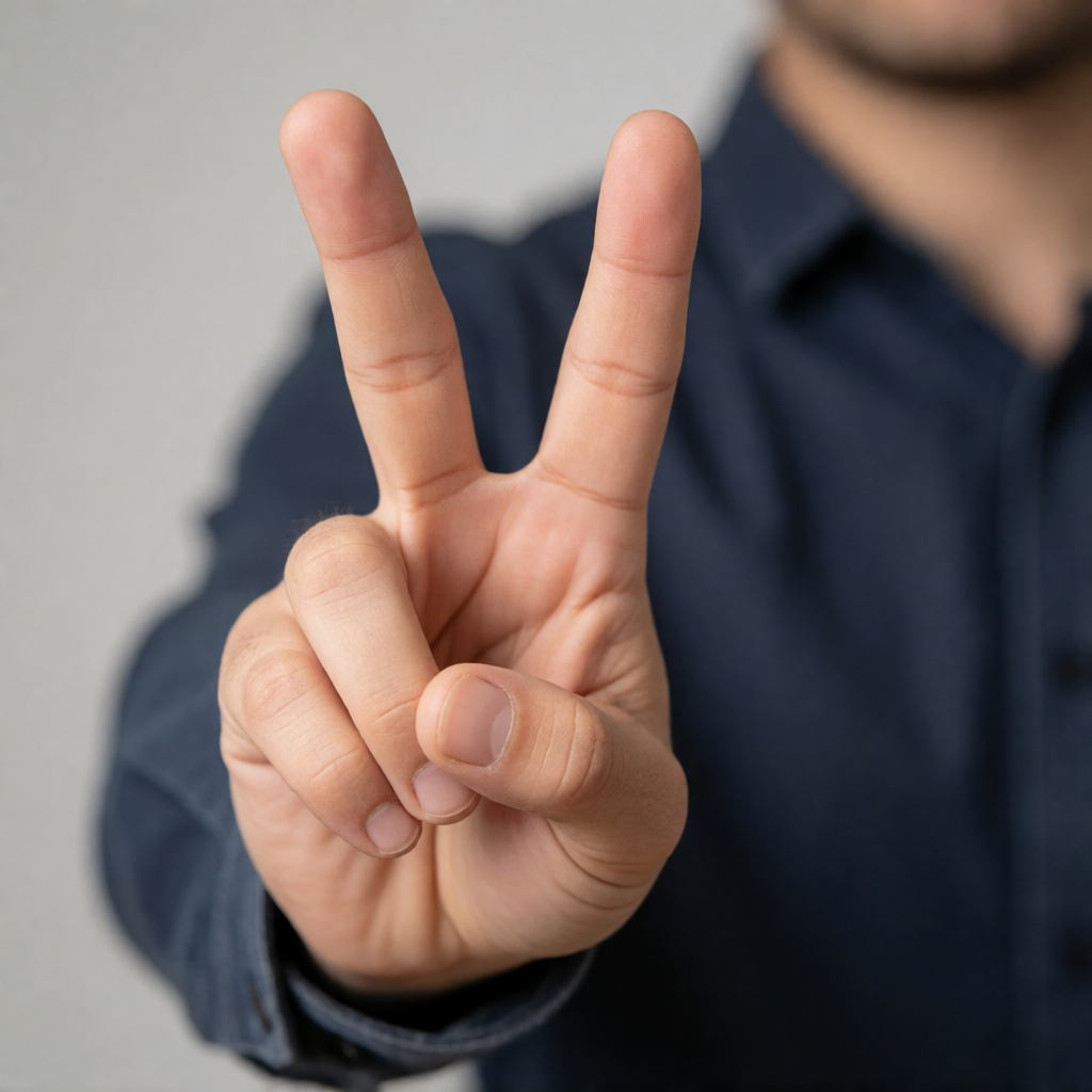 A person making a peace sign with their right hand, clearly