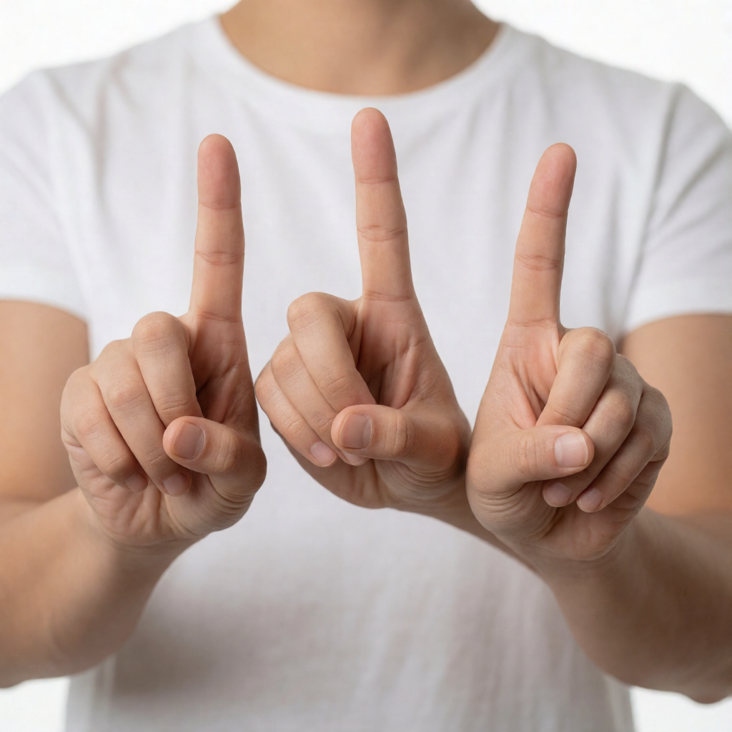A person counting to three on their fingers, with index, mid