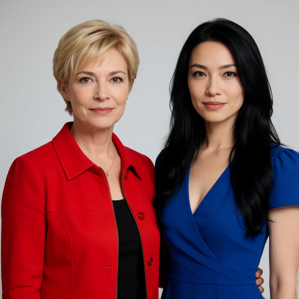 Two women standing side by side: one with short blonde hair