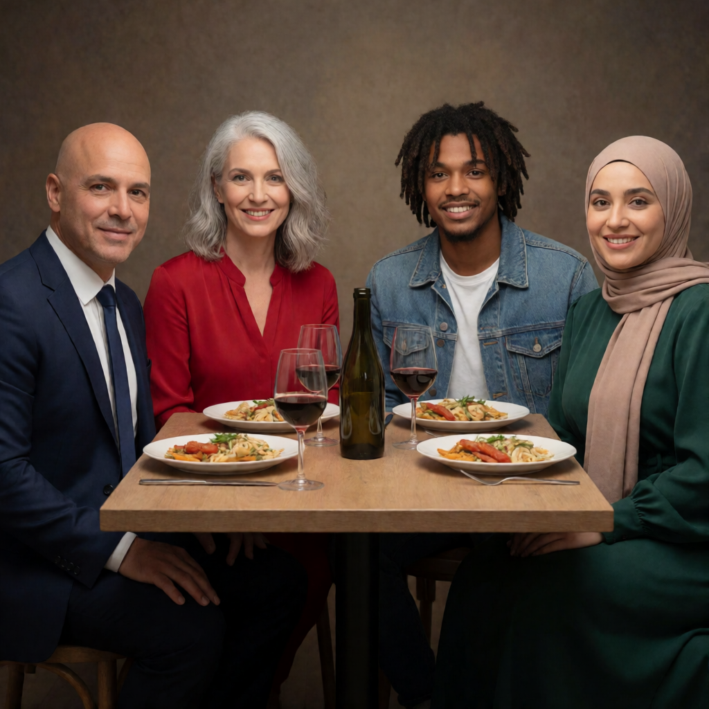 Four people at a dinner table: a bald man in a suit, a woman