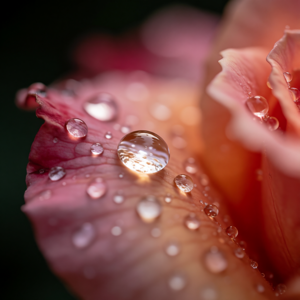 A close-up macro shot of a single dewdrop on a rose petal, s