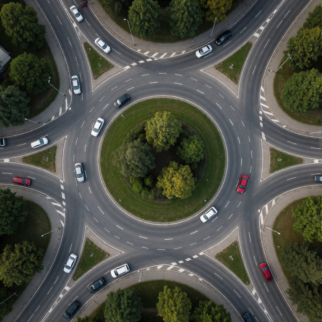An aerial bird's-eye view looking straight down at a traffic