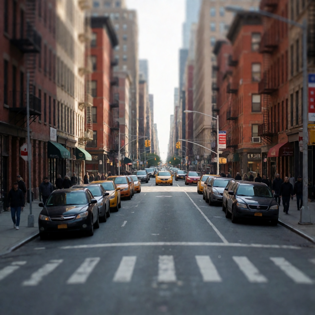 A tilt-shift photograph of a city street making real-life lo