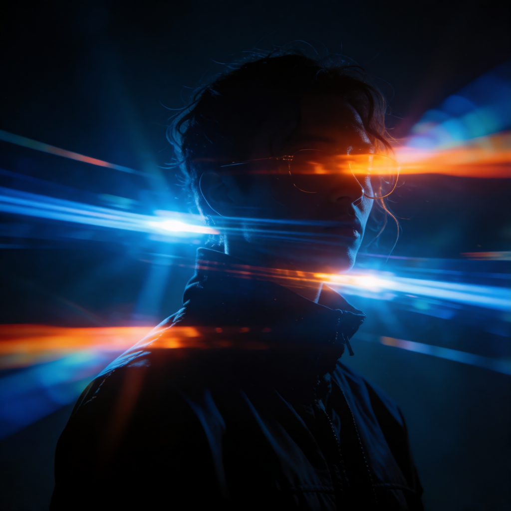 A cinematic frame with blue and orange anamorphic lens flare