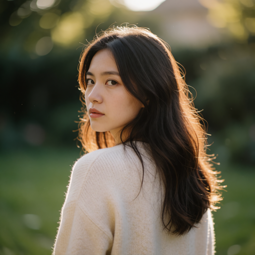A portrait shot at 85mm f/1.4 with creamy bokeh background,