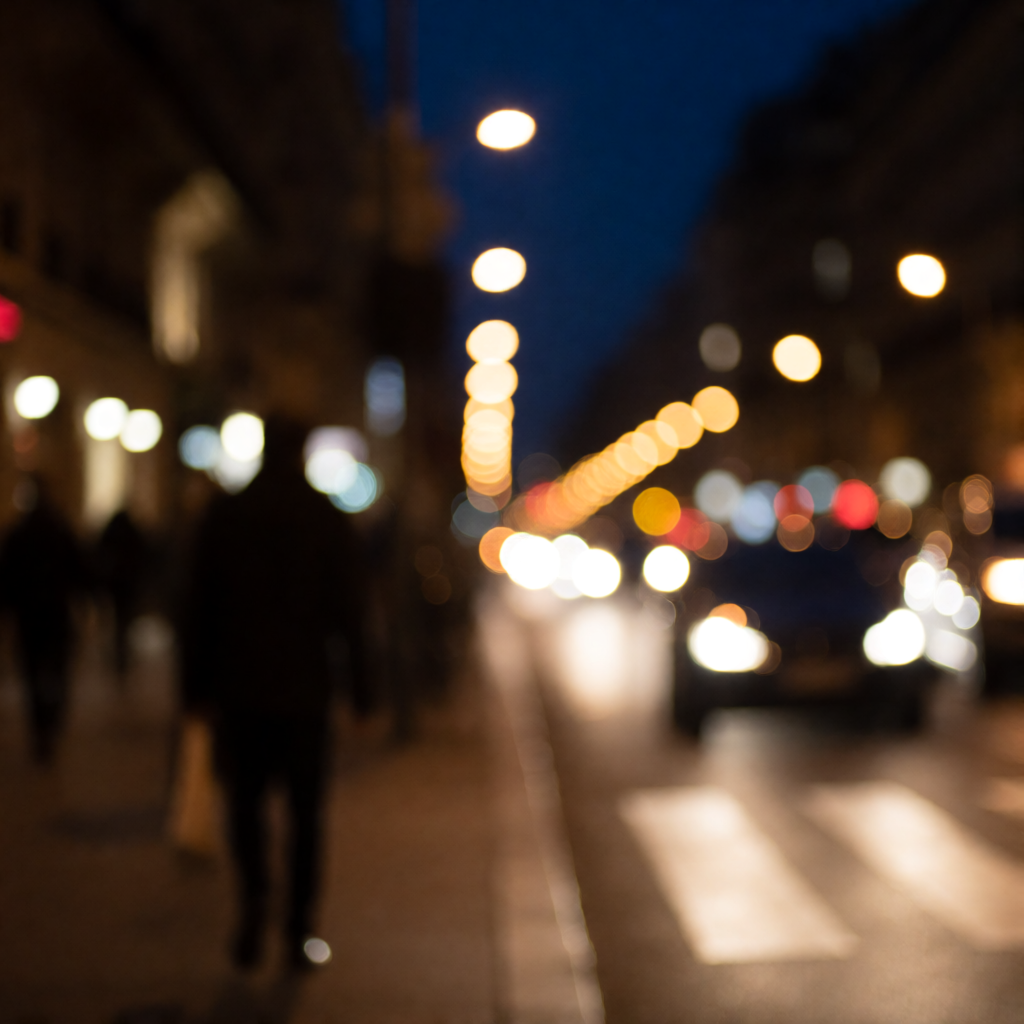 A street photograph with shallow depth of field as if shot a
