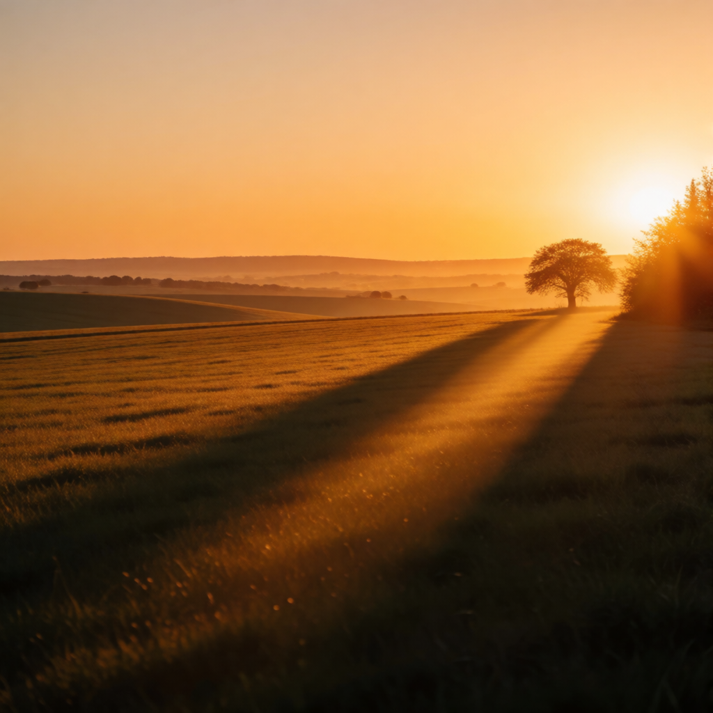 A landscape photograph bathed in golden hour light — long wa
