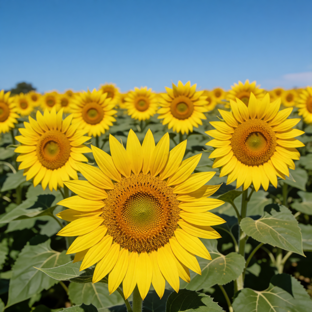 A field of pure sunflower yellow flowers under a clear blue