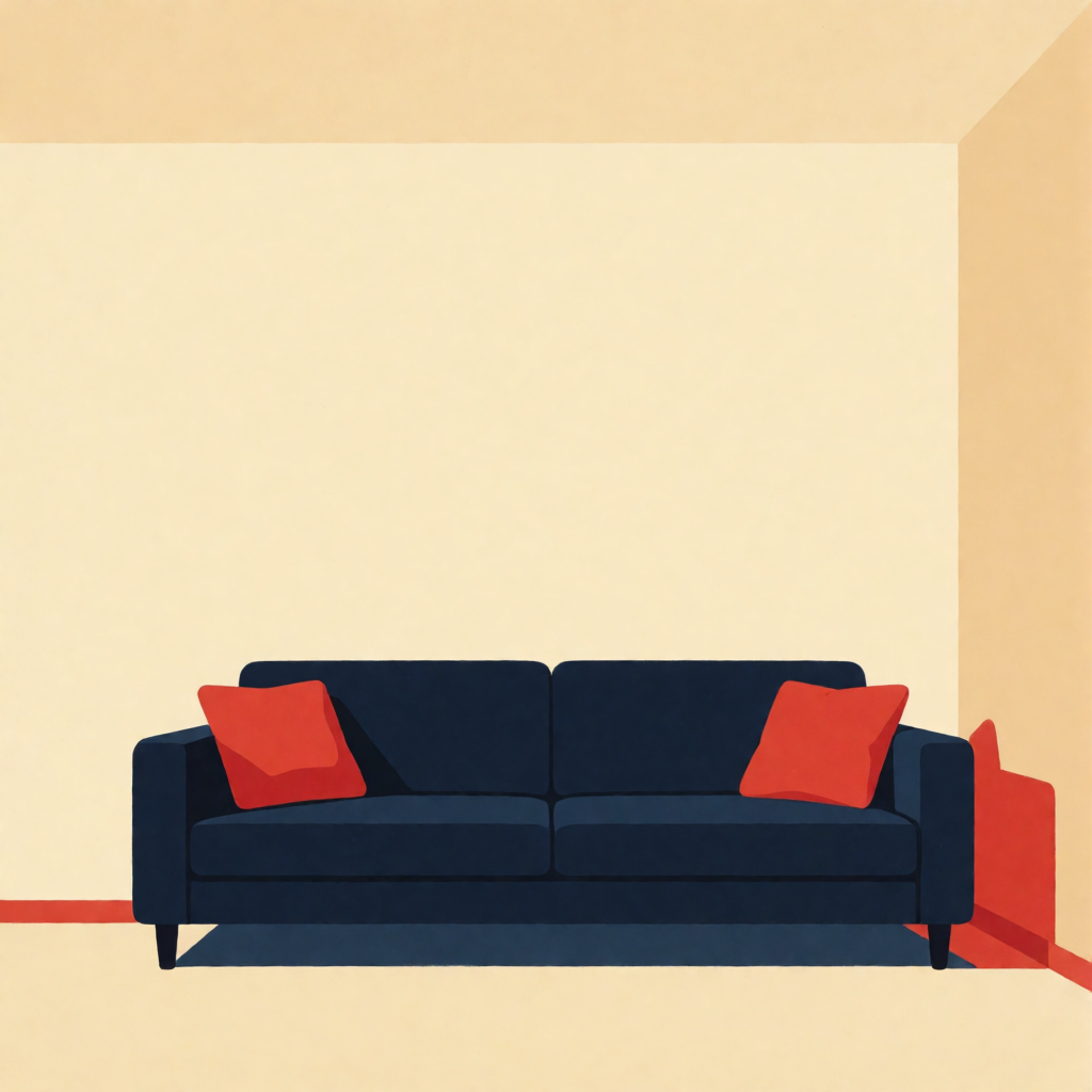 A minimalist room with walls in #F5E6CC (warm cream), a sofa