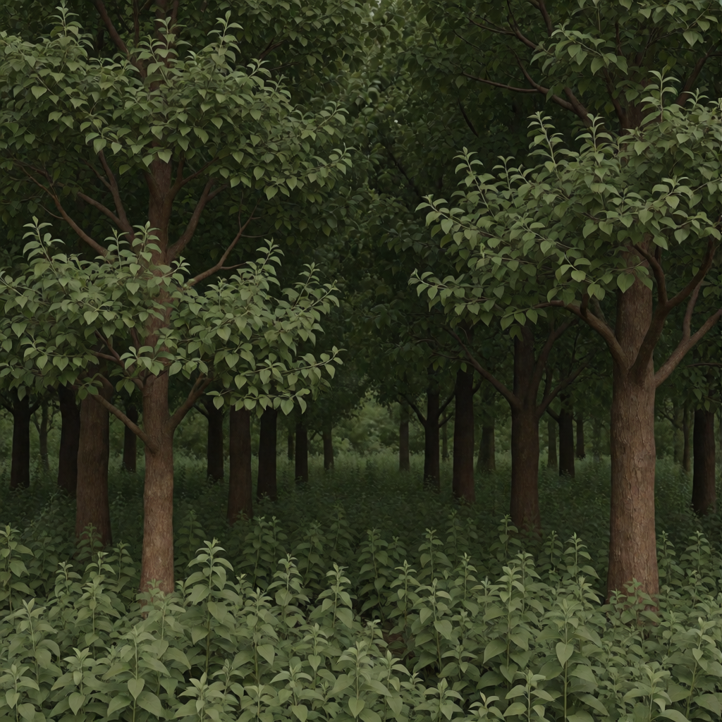 A forest scene where the foliage is precisely #2D5F2D (dark