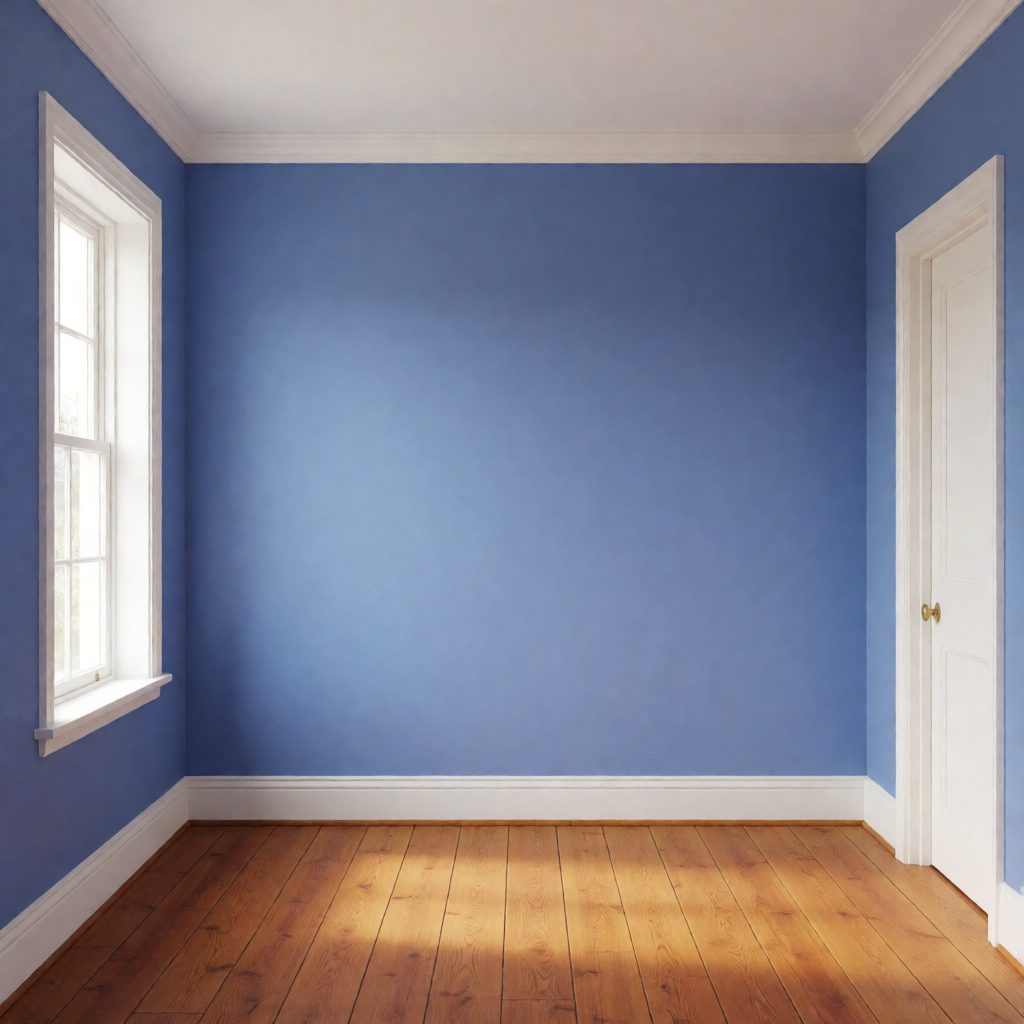 A room with walls in #4A90D9 (medium blue) with warm wooden