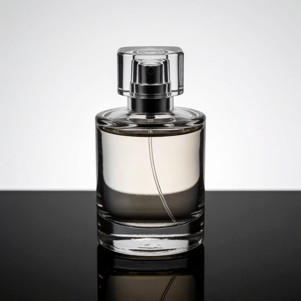 A clear glass perfume bottle on a reflective black surface w