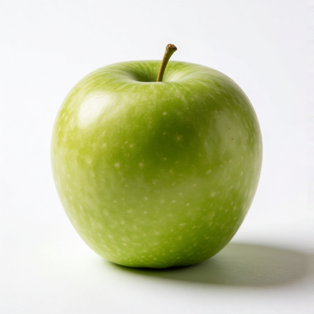 A ripe green apple on a seamless white background with soft