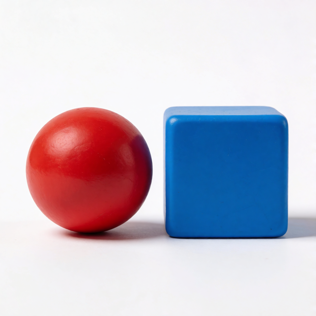 A red ball and a blue cube sitting side by side on a white s