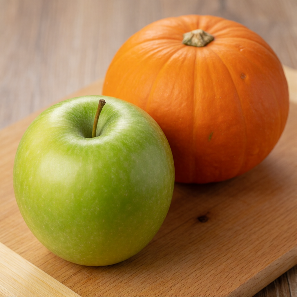 A green apple and an orange pumpkin on a wooden cutting boar
