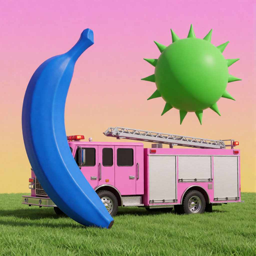 A pink fire truck, a blue banana, and a green sun in a surre