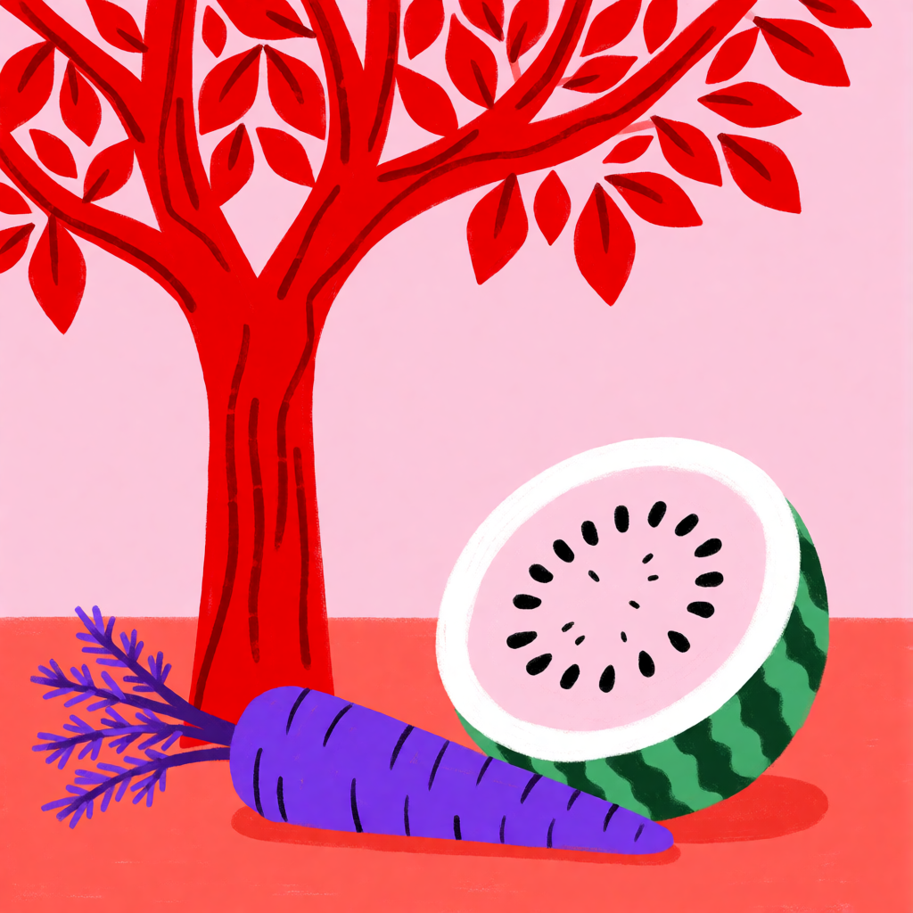 A purple carrot, a red tree with red leaves, and a white wat
