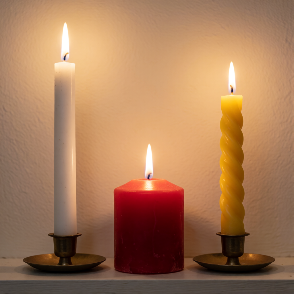 A tall thin white candle, a short fat red candle, and a medi
