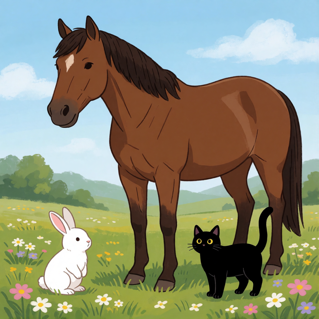 A big brown horse, a small white rabbit, and a medium-sized