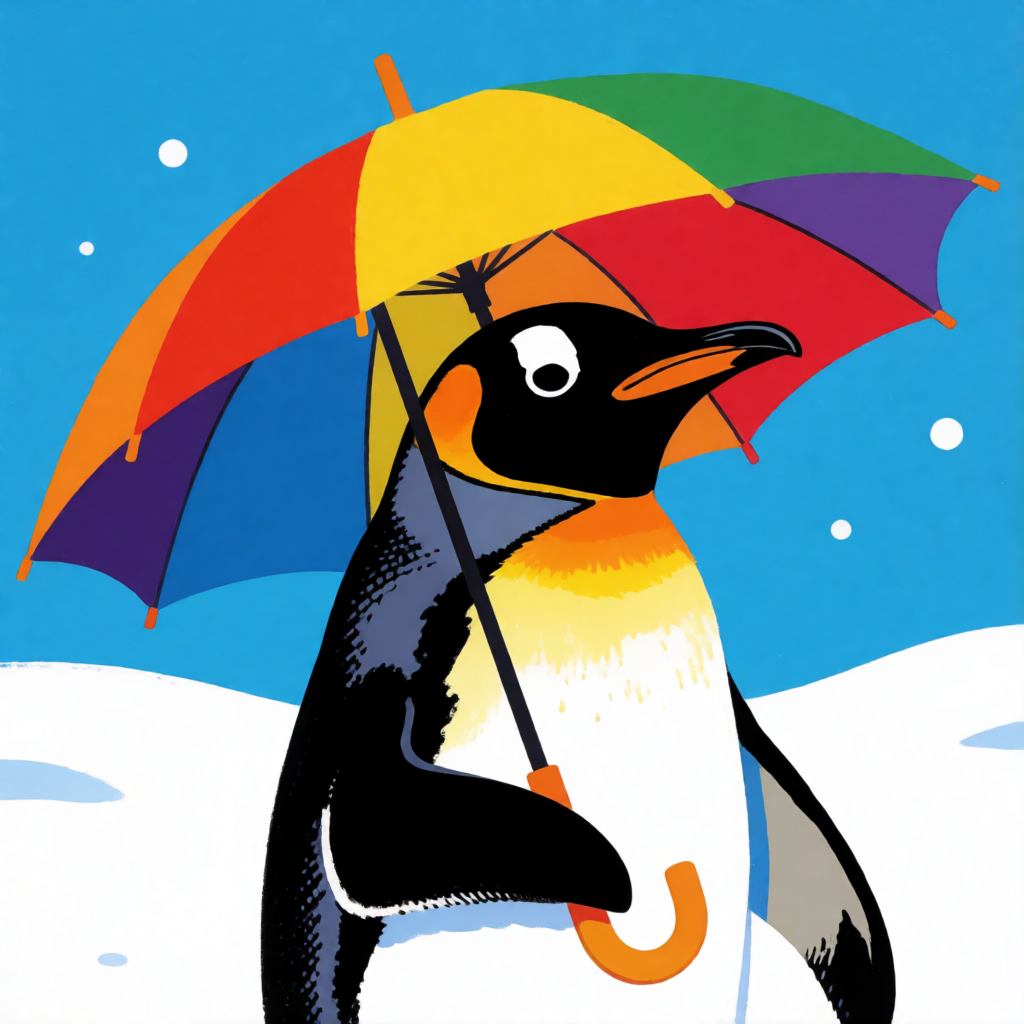 A penguin holding a colorful umbrella