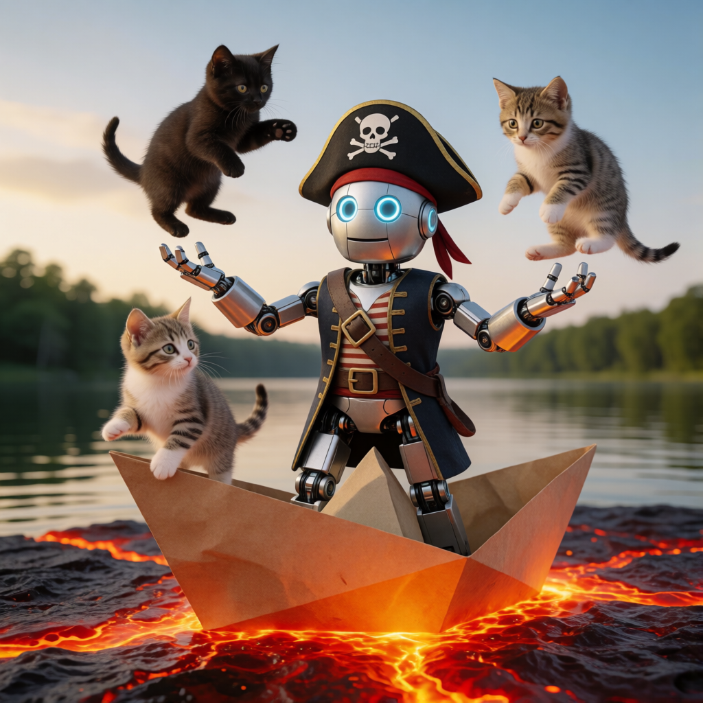 A robot dressed as a pirate sailing a paper boat on a lake o