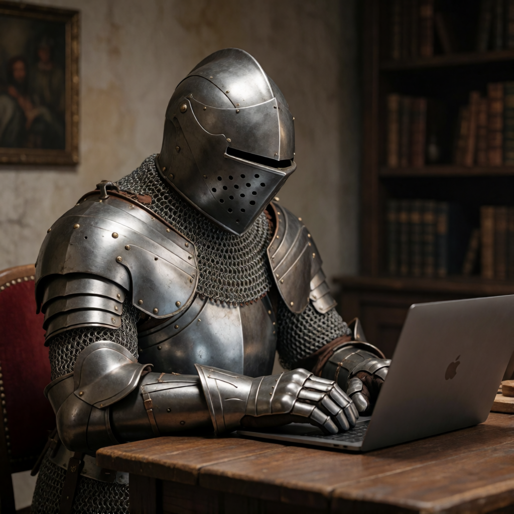 A medieval knight in full armor sitting at a desk typing on