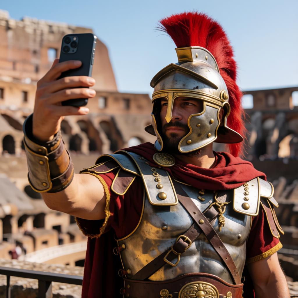A Roman gladiator taking a selfie with a smartphone in the C