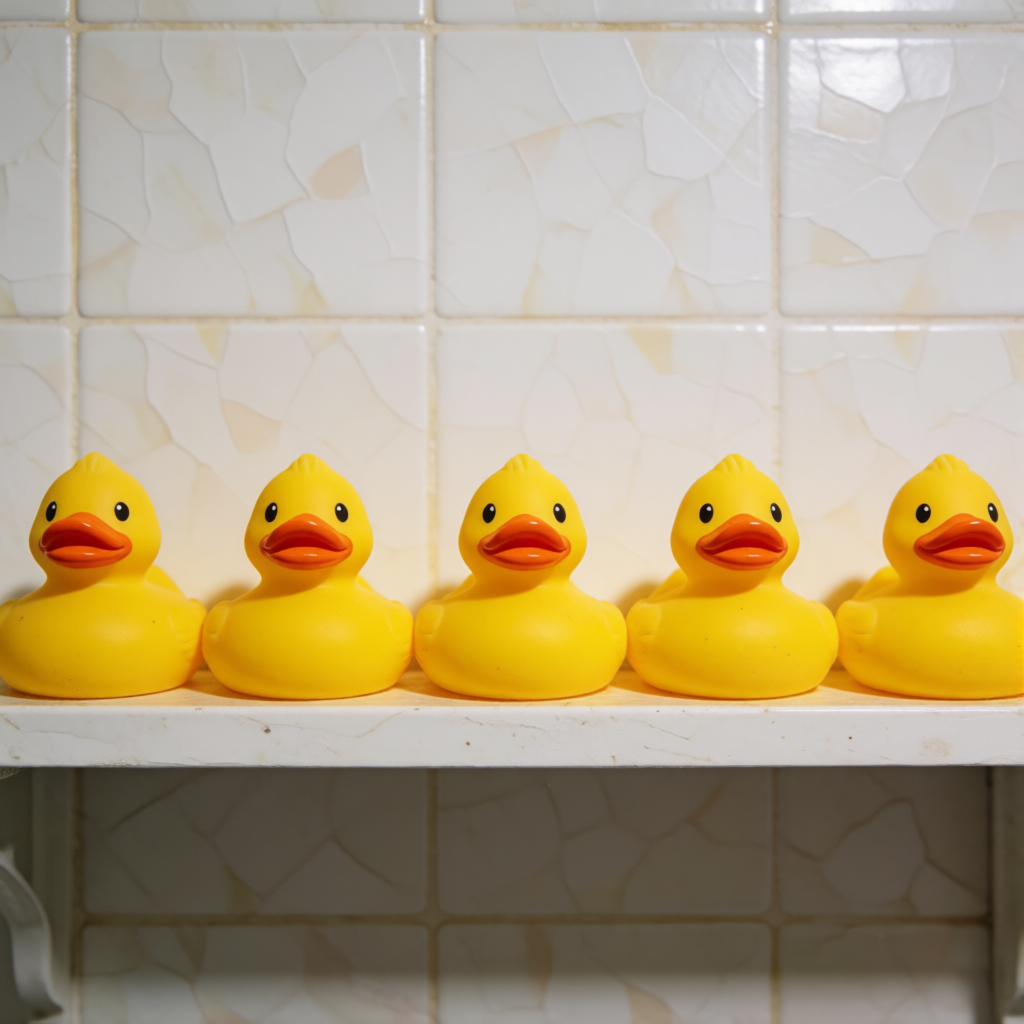 Exactly 5 yellow rubber ducks sitting in a row on a bathroom