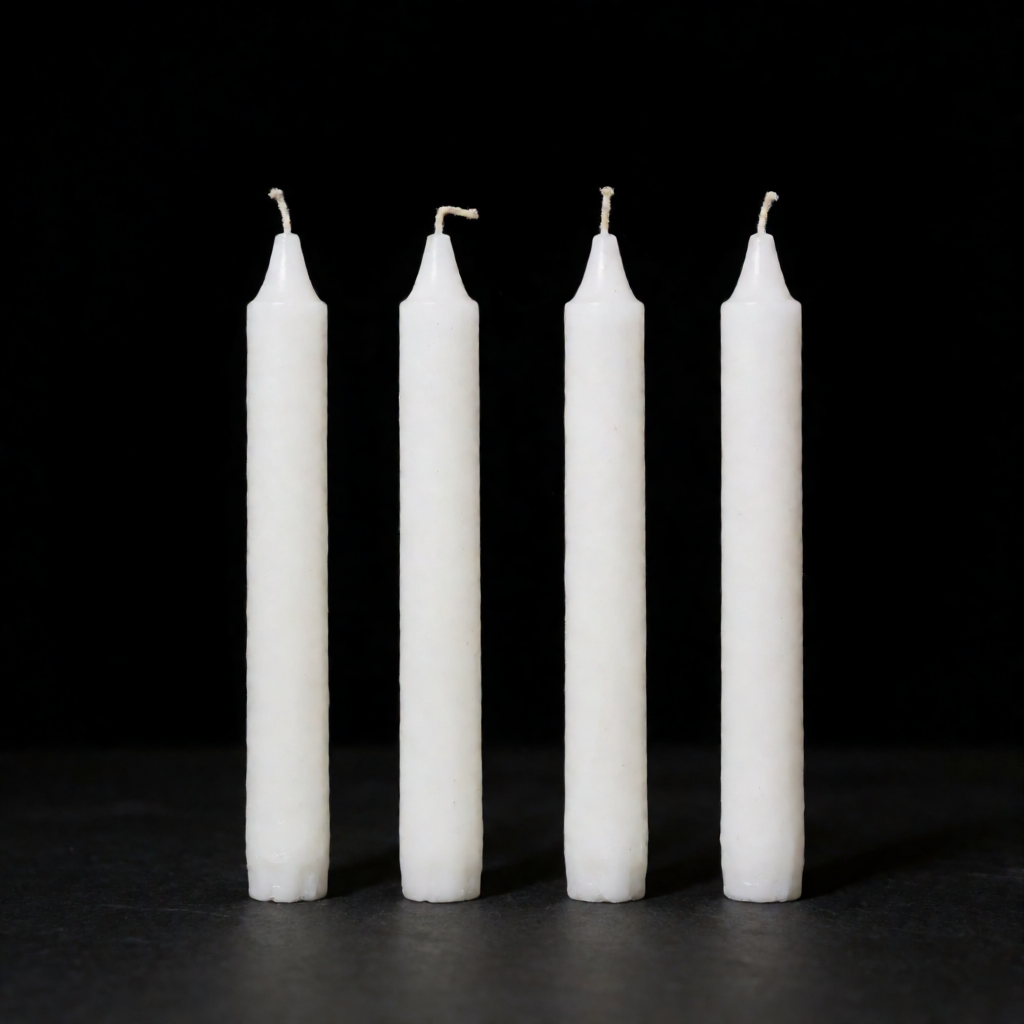 Exactly 4 white candles standing on a dark surface