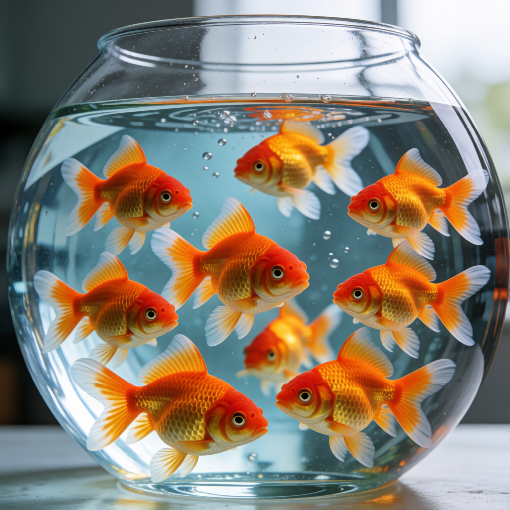 Exactly 9 goldfish swimming in a large round fishbowl