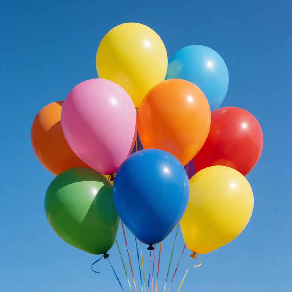 Exactly 11 colorful balloons floating against a clear blue s