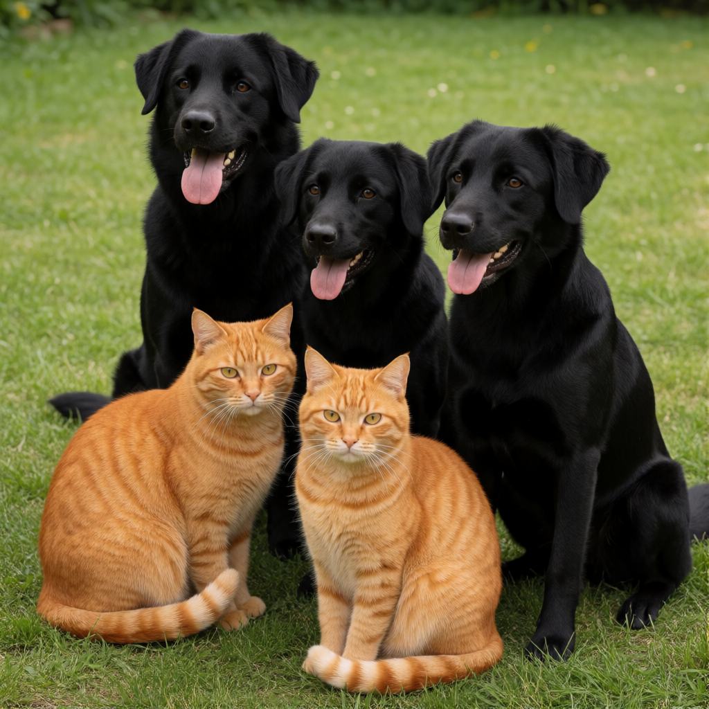 2 orange cats and 3 black dogs sitting together on a grassy