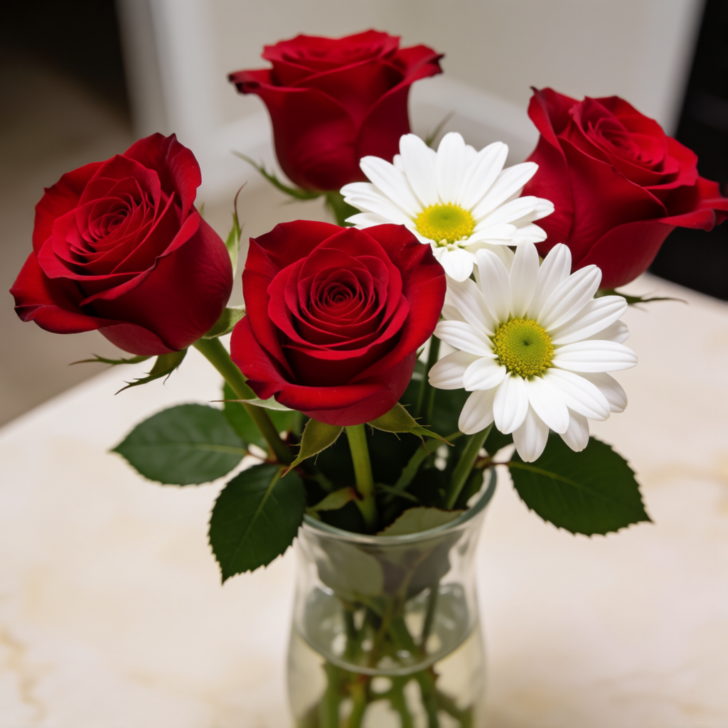4 red roses and 2 white daisies in a glass vase on a table