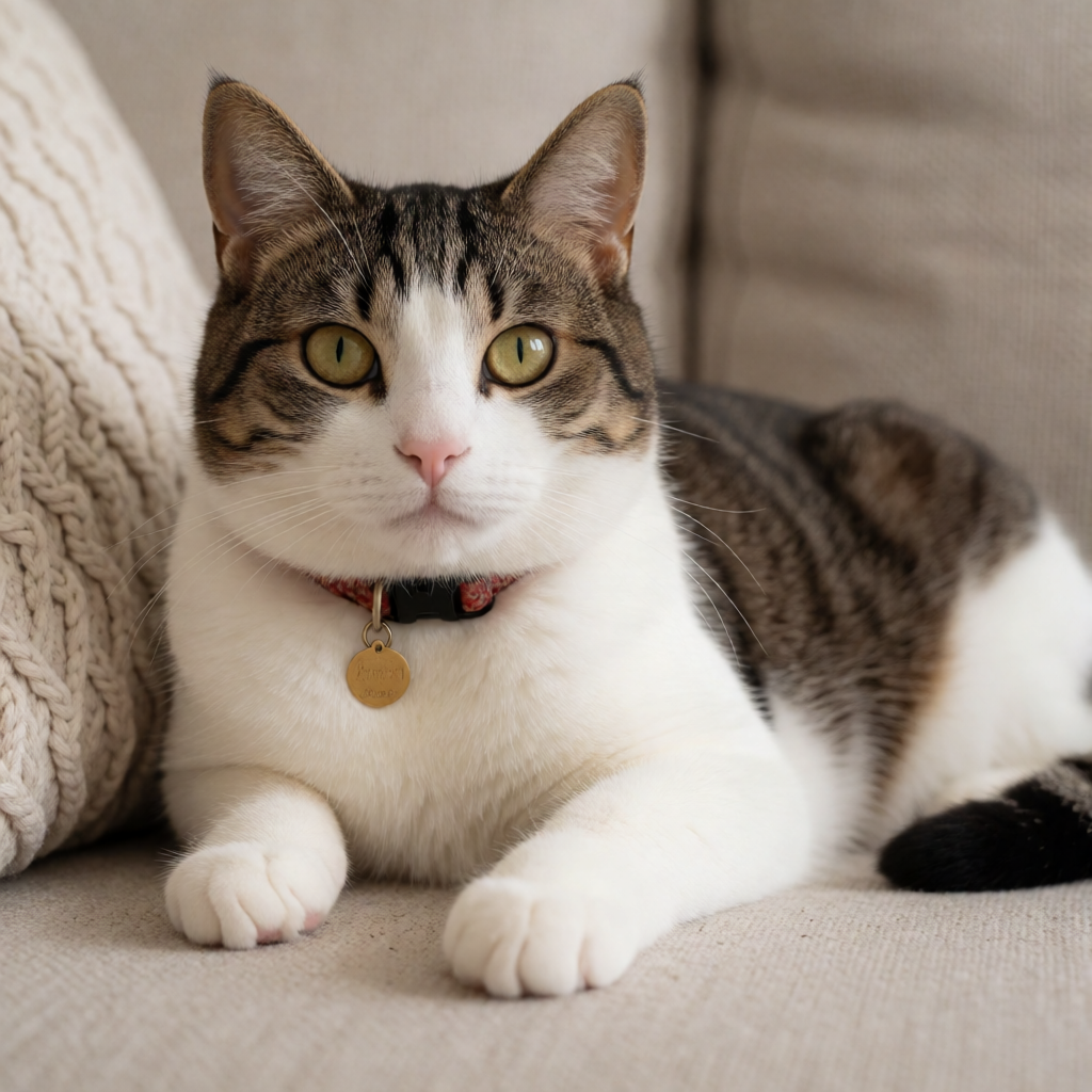 A cat lying on a couch without a collar