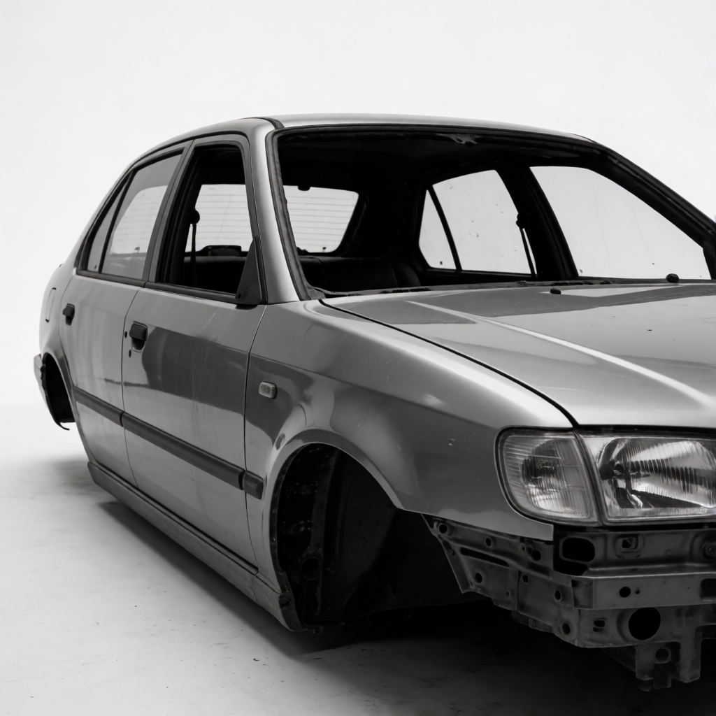 A car body with windows, doors, and headlights but no wheels
