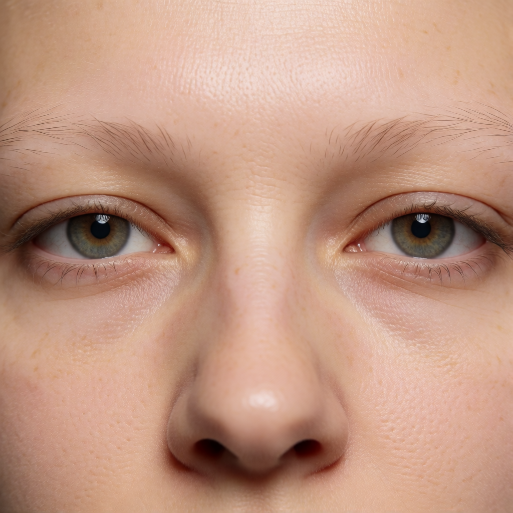 A human face with eyes, nose, and mouth but no eyebrows