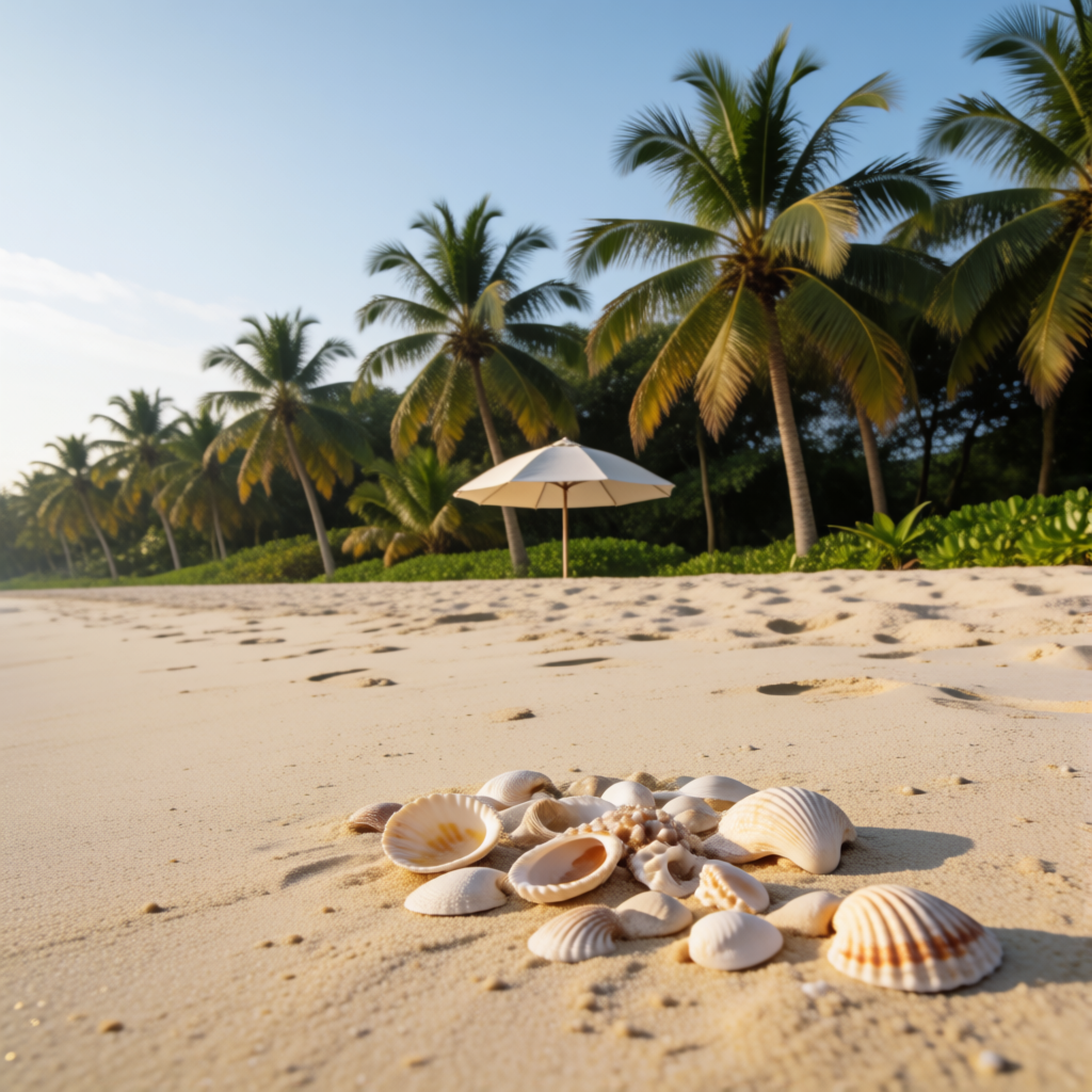 A sandy beach with palm trees, seashells, and a beach umbrel
