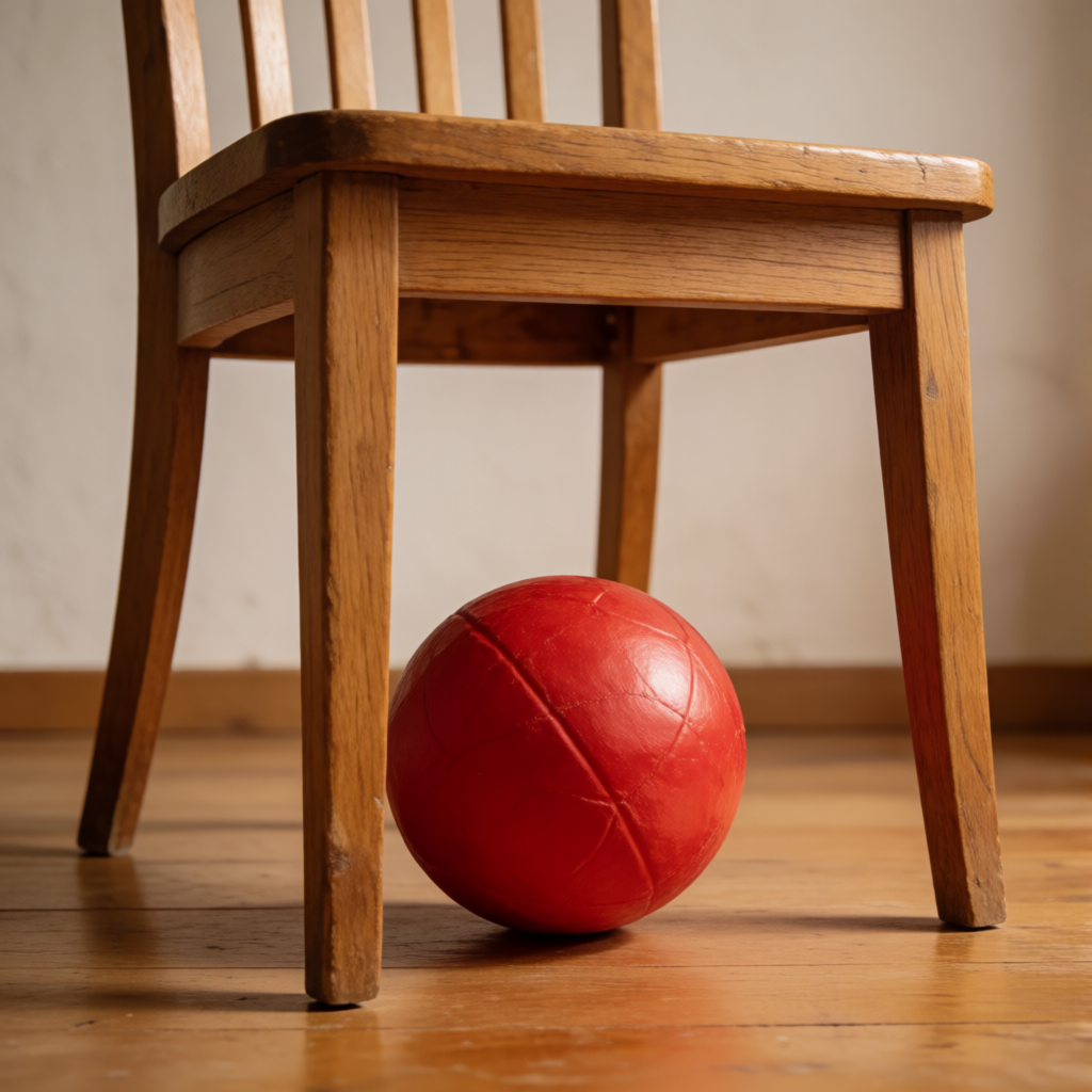 A red ball underneath a wooden chair