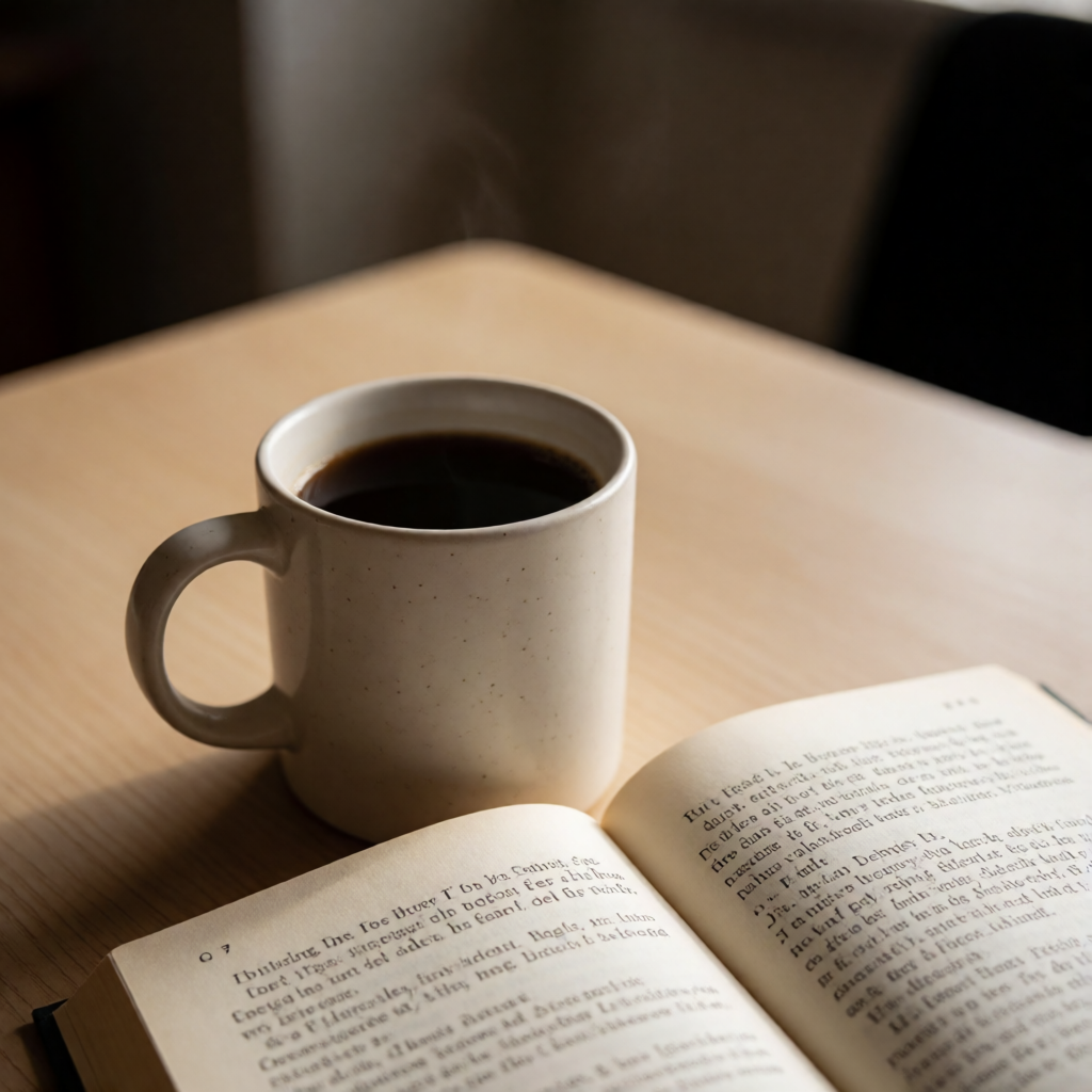 A coffee mug next to an open book on a desk
