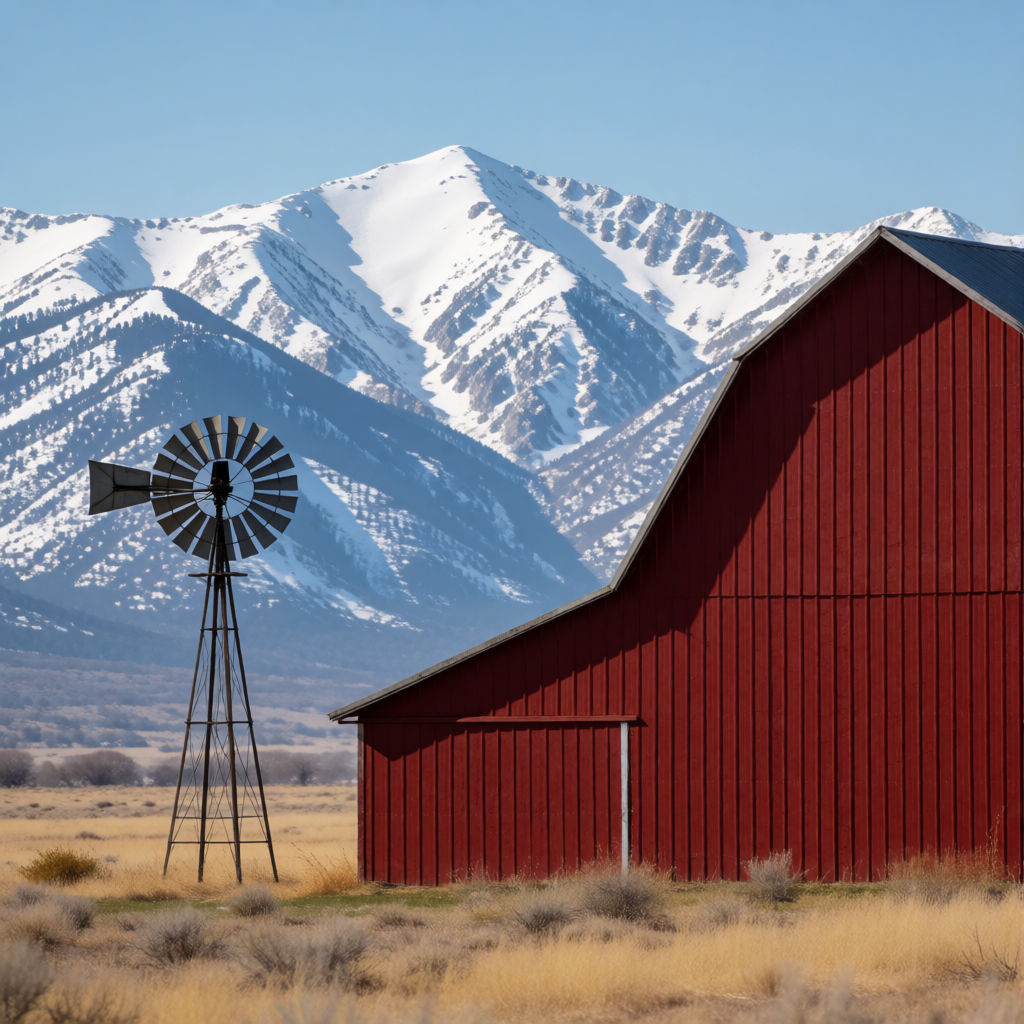 A landscape with a red barn in the foreground at large scale