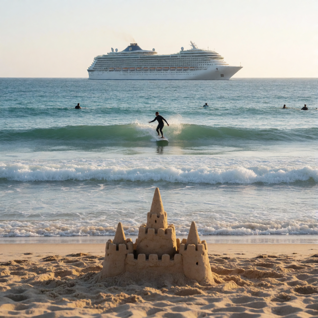 A beach scene with a sandcastle in the foreground, a surfer