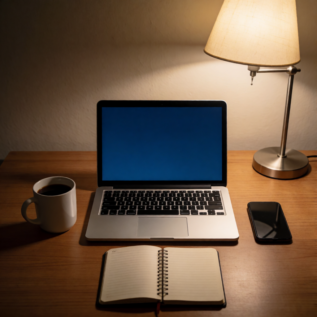 A desk scene: laptop in the center, coffee mug to the left,