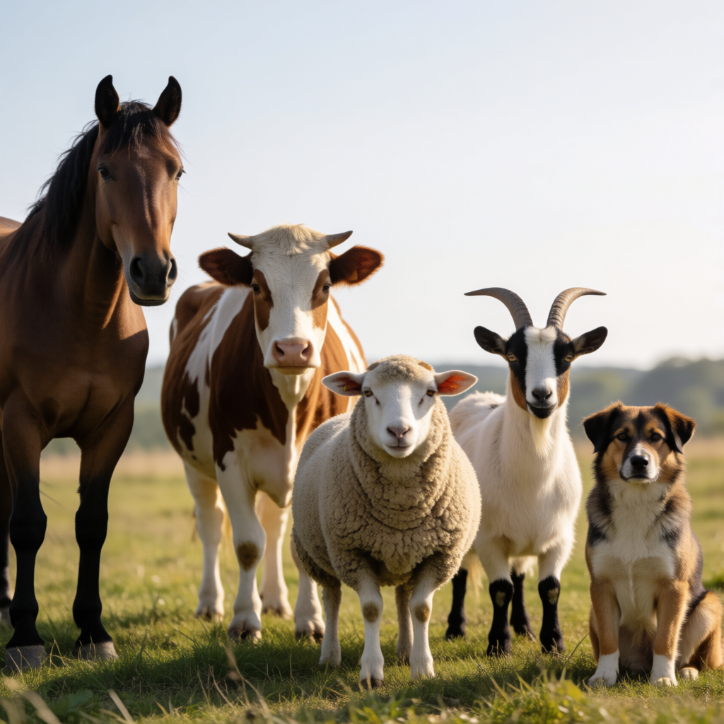 Five animals in a field: a horse on the far left, a cow to t