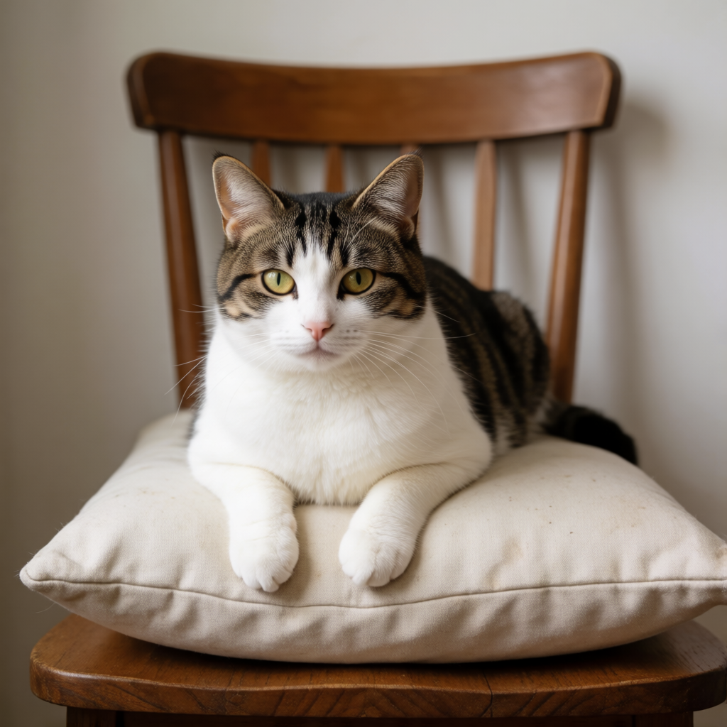 A cat sitting on a pillow, the pillow placed on a wooden cha