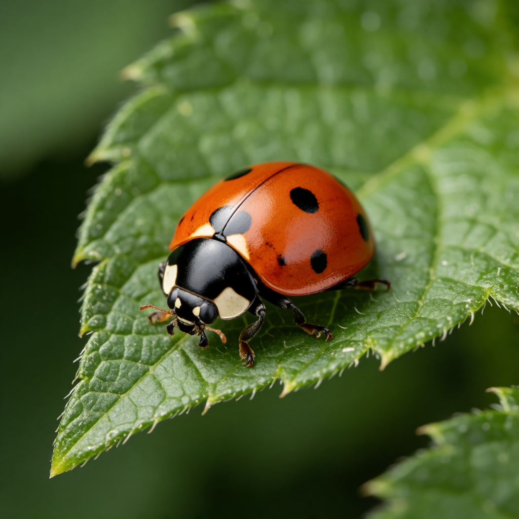 A ladybug sitting on a large green leaf, shown at realistic