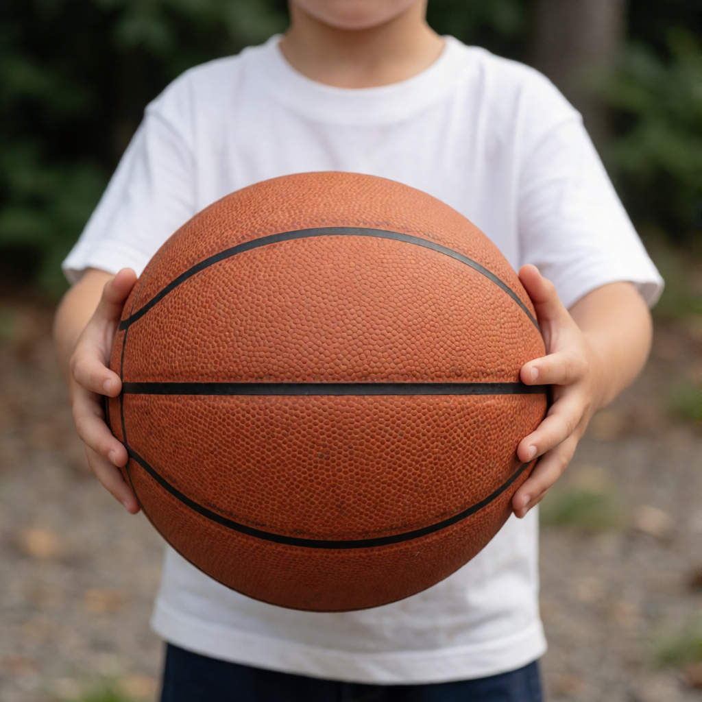 A child holding a basketball, both at correct relative sizes
