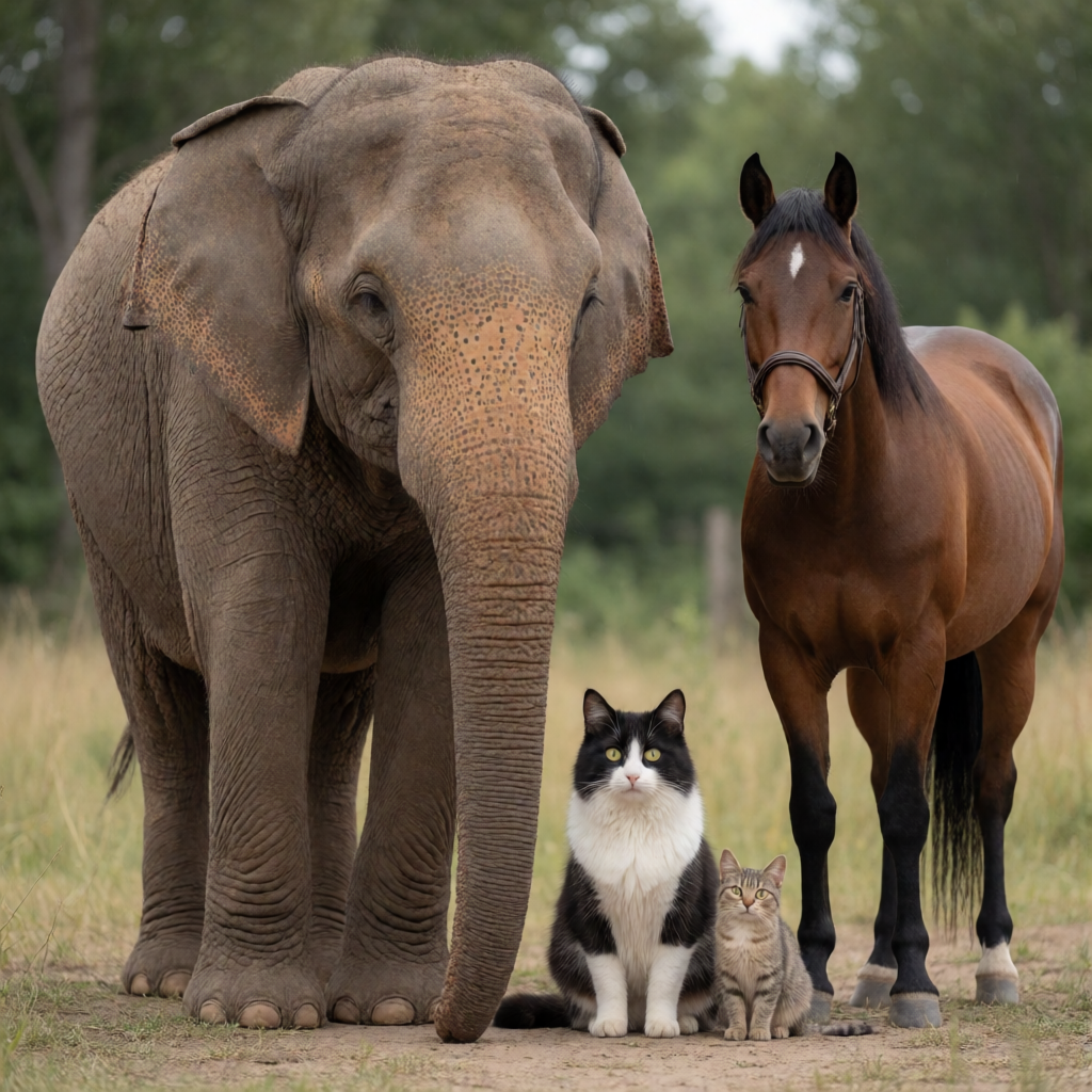 A group photo of an elephant, a horse, a dog, a cat, and a m