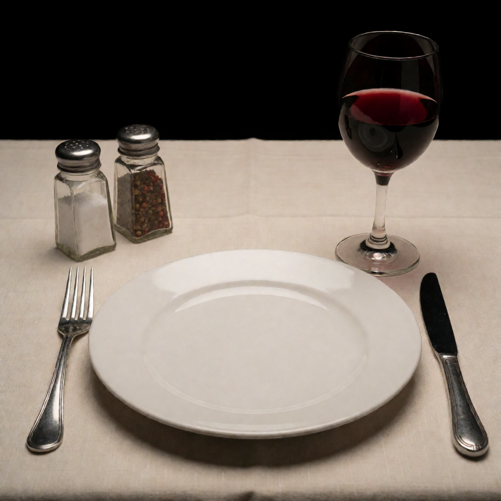 A dinner table scene with a plate, fork, knife, wine glass,
